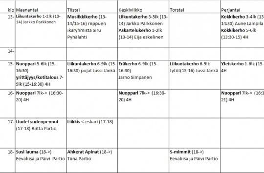 Liikuntatoimen, Koulun, 4H:n sekä Partion tulevia kerhoja. Koulun kerhoista tulee koteihin vielä tarkemmat tiedotteet.