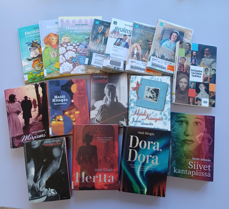 Heidi Köngäksen monipuolista tuotantoa löydät kirjastosta. Köngäksen tuotantoa.