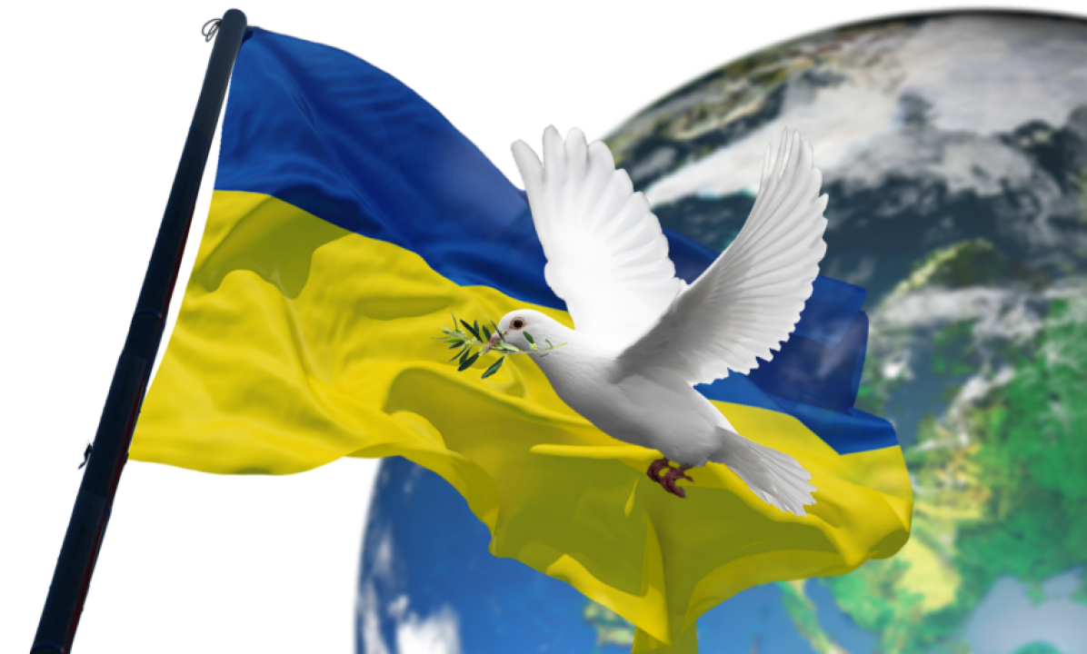 Ukrainan lippu, maapallo ja rauhankyyhky.