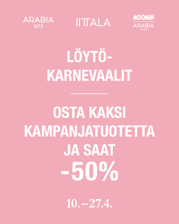 Löytökarnevaali kampanja, osta 2 kampanjatuotetta ja saat -50%. Etu voimassa 10.-27.4.2026