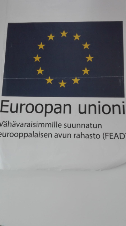 Kuvassa Euroopan Unionin lippu ja teksti: Vähävaraisimmille suunnatun eurooppalaisen avun rahasto