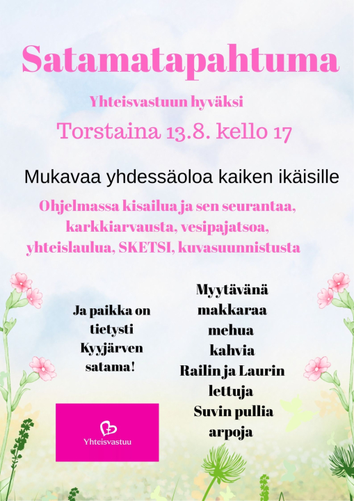 Tiedot satamatapahtumasta kauniin kukkakuvan keskellä.