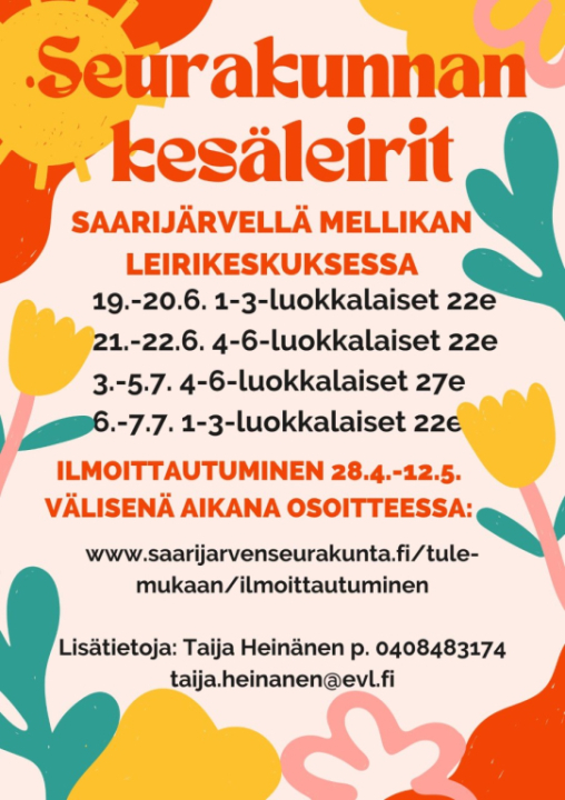 Värikkäällä pohjalla sama tieto lasten leireistä kuin artikkelissa.