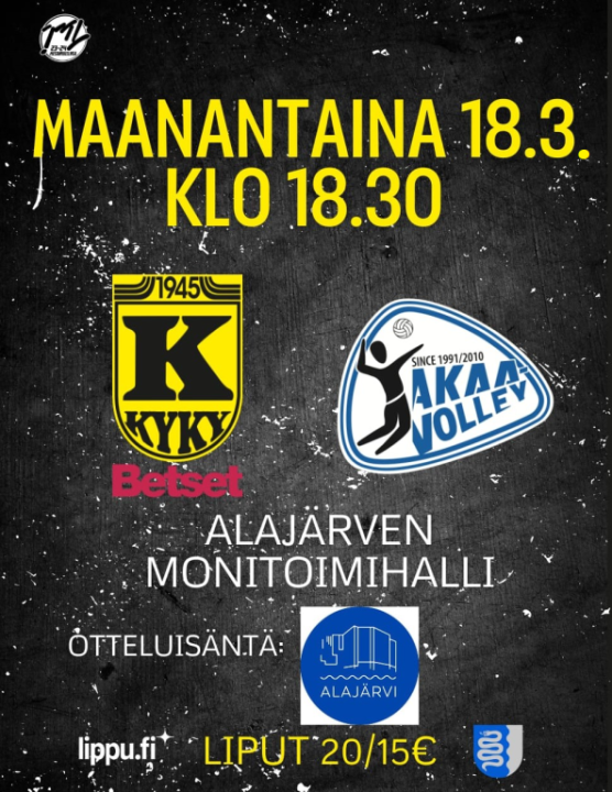 Miesten Mestaruusliigan 2. Puolivälierä Ottelu KyKy-Betset vs Akaa-Volley Ma 18.3. Klo: 18:30