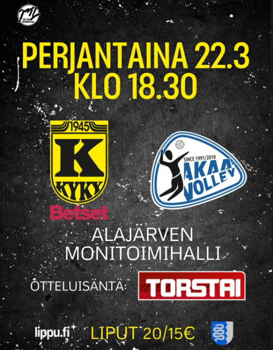 Miesten Mestaruusliigan 4. Puolivälierä Ottelu KyKy-Betset vs Akaa-Volley Pe 22.3. Klo: 18:30