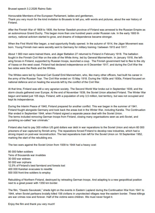 Raimo Salon Europarlamenttia varten kirjoitettu puhe.