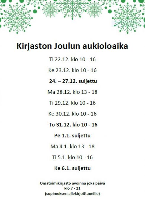 Kirjaston joulun aukioloajat.