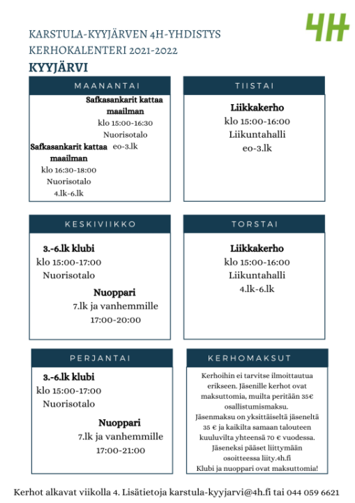 Kyyjärven 4H-kerhokalenteri kevät 2022