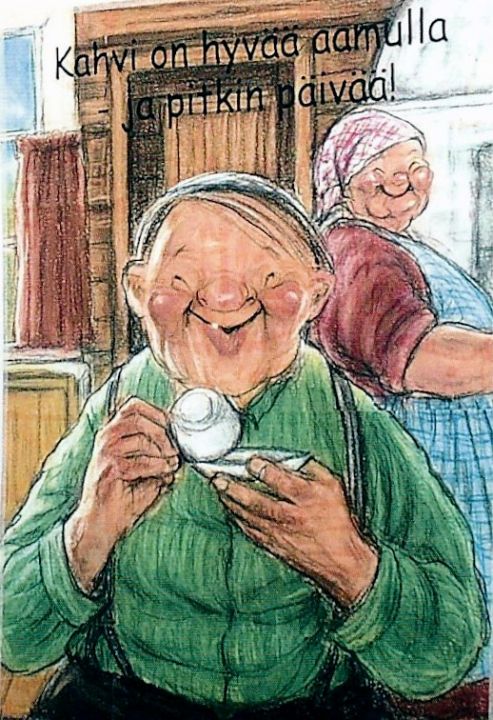 Piirroskuva mummut kahvilla