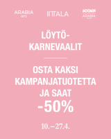Löytökarnevaali kampanja, osta 2 kampanjatuotetta ja saat -50%. Etu voimassa 10.-27.4.2026